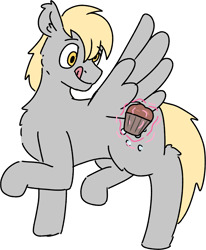Size: 2387x2892 | Tagged: safe, artist:applejackofalltrades, derpy hooves, pegasus, pony, g4, cross-eyed, food, high res, magic, magic aura, muffin, solo, tongue out, wings