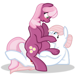 Size: 3000x3000 | Tagged: safe, artist:grapefruitface1, cheerilee, nurse redheart, g4, base used, blushing, crack shipping, female, high res, hoof on face, lesbian, looking at each other, ship:cheeriheart, shipping, shocked, simple background, sitting on person, sitting on pony, transparent background, underhoof