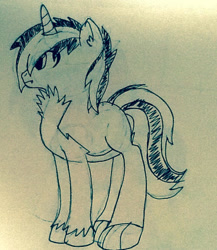 Size: 564x649 | Tagged: safe, artist:juliet-gwolf18, oc, oc only, hybrid, pony, wolf, wolf pony, chest fluff, claws, horn, lineart, male, parents:oc x oc, solo, traditional art