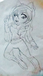Size: 499x876 | Tagged: safe, artist:juliet-gwolf18, oc, oc only, oc:juliet, human, boots, clothes, fake ears, fake tail, female, humanized, one eye closed, open mouth, peace sign, shoes, smiling, solo, traditional art, wink