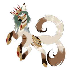 Size: 2680x2636 | Tagged: safe, artist:minelvi, oc, oc only, earth pony, pony, crown, earth pony oc, face mask, high res, hoof shoes, jewelry, mask, multiple tails, rearing, regalia, simple background, solo, transparent background