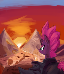 Size: 2083x2403 | Tagged: safe, artist:skunkstripe, tempest shadow, pony, unicorn, g4, broken horn, clothes, fanfic, fanfic art, fanfic cover, high res, horn, scarf, sunrise