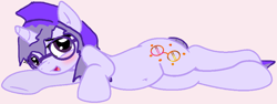 Size: 1554x584 | Tagged: safe, artist:mellow91, artist:sleepy-rosie-sav, oc, oc only, oc:glass sight, pony, unicorn, adorasexy, belly, belly button, blushing, cute, glasses, looking at you, lying down, ocbetes, pink background, prone, sexy, simple background, solo