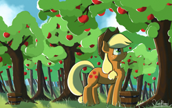 Size: 3440x2160 | Tagged: safe, artist:akuneanekokuro, applejack, earth pony, pony, g4, apple, apple tree, applejack's hat, cowboy hat, female, food, hat, high res, mare, solo, tree