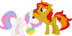Size: 1024x517 | Tagged: safe, artist:sanybaby, oc, oc:soder, oc:sunrise flair, pegasus, pony, ball, duo, duo female, female, flower, pegasus oc, simple background, smiling, transparent background, vector, wings