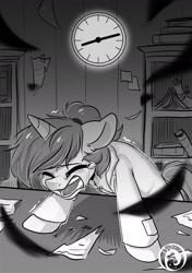 Size: 1535x2185 | Tagged: safe, artist:oofycolorful, pony, unicorn, clock, clothes, crying, fanfic art, monochrome