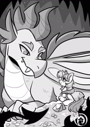 Size: 1535x2185 | Tagged: safe, artist:oofycolorful, dragon, pony, unicorn, fanfic art, monochrome