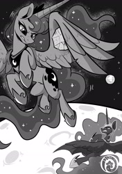 Size: 1535x2185 | Tagged: safe, artist:oofycolorful, nightmare moon, princess luna, alicorn, pony, g4, fanfic art, monochrome, moon