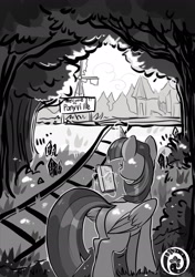 Size: 1535x2185 | Tagged: safe, artist:oofycolorful, twilight sparkle, alicorn, pony, g4, behind, book, crystal, fanfic art, forest, magic, monochrome, ponyville, solo, train tracks, twilight sparkle (alicorn)