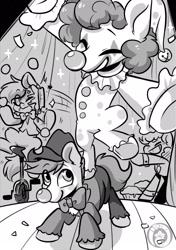 Size: 1535x2185 | Tagged: safe, artist:oofycolorful, earth pony, pony, bowtie, clown, fanfic art, food, monochrome, pie, pie in the face, pied, standing, standing on one leg, unicycle
