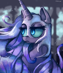 Size: 4181x4822 | Tagged: safe, artist:colochenni, nightmare moon, alicorn, pony, g4, female, helmet, mare, night, pillar, sky, solo