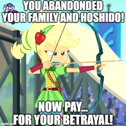 Size: 500x500 | Tagged: safe, artist:megalobronia, edit, edited screencap, screencap, applejack, equestria girls, g4, my little pony equestria girls: friendship games, alternate hairstyle, archery clothes, arrow, bow (weapon), bow and arrow, caption, fire emblem, fire emblem fates, friendship games archery outfit, friendship games outfit, image macro, imgflip, impact font, meme, solo, takumi, text, tri-cross relay outfit, weapon