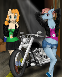 Size: 2190x2738 | Tagged: safe, artist:zeronitroman, pear butter, windy whistles, anthro, g4, arm behind head, belly button, biker, biker jacket, clothes, denim, denim shorts, duo, duo female, female, high res, jacket, leather jacket, mare, milf, motorcycle, shorts, skirt