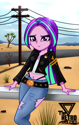 Size: 1300x2068 | Tagged: safe, artist:theretroart88, aria blaze, human, equestria girls, g4, adorasexy, ariabetes, beautiful, belly button, breasts, busty aria blaze, cleavage, clothes, cute, desert, electric pole, female, fence, jacket, jeans, leather, leather jacket, panties, pants, ripped jeans, ripped pants, road, sexy, smiling, solo, thong, torn clothes, underwear, when she smiles