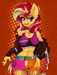 Size: 777x1024 | Tagged: safe, artist:siripim111, sunset shimmer, unicorn, anthro, equestria girls, g4, belly button, breasts, busty sunset shimmer, choker, cleavage, ear fluff, female, hand on hip, jewelry, open mouth, ring, solo, spiked choker