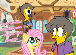 Size: 768x558 | Tagged: safe, artist:haileykitty69, fluttershy, bird, human, pegasus, g4, crossover, crossover shipping, fluttermour, male, seymour skinner, shipping, story included, the simpsons