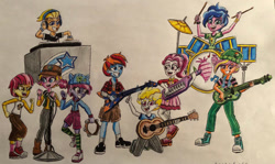 Size: 1024x612 | Tagged: safe, artist:bozzerkazooers, ace, clover (g1), half note, lancer, logan barrington, melody, patch (g1), sweet notes, sweetheart, equestria girls, g1, g4, my little pony tales, acoustic guitar, backup singers, band, bass guitar, converse, drums, electric guitar, equestria girls-ified, female, guitar, keytar, male, musical instrument, rockin' beats, shoes, singing, tambourine, turntable