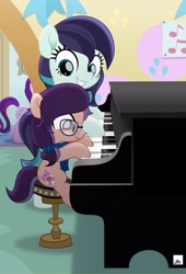 Size: 2000x2947 | Tagged: safe, artist:jhayarr23, coloratura, starlight glimmer, oc, oc:lavender adagio, earth pony, pony, g4, cute, duo focus, female, filly, glasses, high res, lesson, mare, movie accurate, musical instrument, ocbetes, piano, sitting, smiling, stool