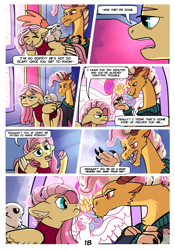 Size: 2100x3000 | Tagged: safe, artist:loryska, angel bunny, fluttershy, princess flurry heart, oc, oc:larkspur, hybrid, pegasus, pony, comic:friendship grows, g4, angry, clothes, ear fluff, eye contact, fangs, female, fluttershy is not amused, high res, interspecies offspring, jacket, looking at each other, male, mother and child, mother and son, offspring, older, parent:discord, parent:fluttershy, parents:discoshy, scolding, stained glass, unamused