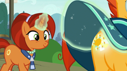 Size: 1280x720 | Tagged: safe, screencap, stellar flare, sunburst, pony, unicorn, g4, the parent map, female, implied incest, magic, male, mare, mother and child, mother and son, out of context, peeking, personal space invasion, stallion, telekinesis, you know for kids