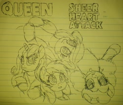 Size: 2954x2522 | Tagged: safe, artist:paulli, applejack, pinkie pie, rainbow dash, rarity, earth pony, pegasus, pony, unicorn, g4, album cover, alternate hairstyle, brian may, drawing, freddie mercury, high res, jewelry, john deacon, lined paper, necklace, photo, polo shirt, queen (band), roger taylor, sheer heart attack, traditional art