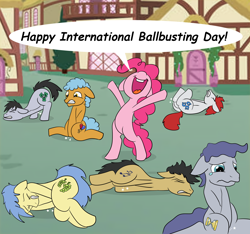 Size: 2000x1874 | Tagged: safe, artist:buttsaucer, artist:nuttyhoof, adante, felix, goldengrape, pinkie pie, sir colton vines iii, steam roller (g4), strawberry cream, twisty pop, earth pony, pony, g4, ball busting, bipedal, cbt, celebration, cringing, crying, female, fetish, groin attack, implied ball busting, implied balls, male, mare, ouch, pain, pain star, stallion, tears of pain, violence against stallions