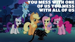 Size: 1920x1080 | Tagged: safe, edit, edited screencap, editor:quoterific, screencap, applejack, fluttershy, pinkie pie, rainbow dash, rarity, earth pony, pegasus, pony, unicorn, g4, princess twilight sparkle (episode), black vine, element of generosity, element of honesty, element of kindness, element of laughter, element of loyalty, glowing horn, horn, magic, magic aura, male, party horn, poison vine, spider-man