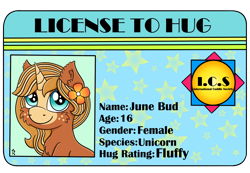 Size: 2600x1800 | Tagged: safe, artist:dawn-designs-art, oc, oc only, oc:june bud, pony, unicorn, blue eyes, brown coat, coat markings, female, filly, flower, fluffy, hug, id card, license, license to hug, solo