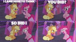 Size: 2000x1125 | Tagged: safe, edit, edited screencap, editor:quoterific, screencap, applejack, pinkie pie, earth pony, pony, g4, hearthbreakers, applejack's hat, cowboy hat, duo, female, floppy ears, hat, nervous laugh, open mouth