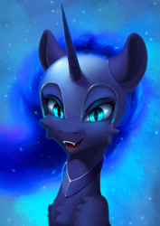 Size: 1287x1821 | Tagged: safe, artist:itssim, nightmare moon, alicorn, pony, g4, bust, cheek fluff, chest fluff, fangs, female, helmet, looking at you, mare, nightmare moon armor, open mouth, open smile, portrait, smiling, solo, three quarter view