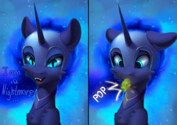 Size: 2584x1821 | Tagged: safe, artist:itssim, nightmare moon, alicorn, pony, g4, 2 panel comic, bust, cheek fluff, chest fluff, comic, cross-eyed, cucumber, dialogue, emanata, fangs, female, floppy ears, food, helmet, high res, looking at something, looking at you, mare, nightmare moon armor, onomatopoeia, open mouth, open smile, smiling, solo, surprised, three quarter view