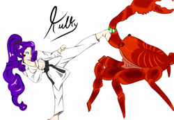 Size: 2600x1800 | Tagged: safe, artist:kulkry, rarity, crab, giant crab, human, g4, barefoot, black belt, clothes, feet, gi, humanized, karate, kick, martial artist rarity, pants, rarity fighting a giant crab, robe, simple background, white background