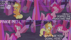 Size: 2000x1125 | Tagged: safe, edit, edited screencap, editor:quoterific, screencap, applejack, pinkie pie, earth pony, pony, g4, hearthbreakers, applejack's hat, cowboy hat, crying, crying on the outside, eyes closed, hat, open mouth, sad, shocked