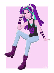 Size: 1280x1742 | Tagged: safe, artist:elioo, aria blaze, equestria girls, g4, bored, clothes, crossover, decepticon, leaning, shirt, sitting, sleeveless, sleeveless shirt, solo, supporting head, symbol, tank top, transformers