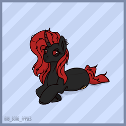 Size: 1400x1400 | Tagged: safe, artist:buy_some_apples, oc, oc only, pony, unicorn, blue background, curved horn, horn, lying down, simple background