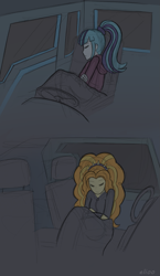 Size: 955x1652 | Tagged: safe, artist:elioo, adagio dazzle, sonata dusk, equestria girls, g4, blanket, car seat, crossover, cute, equestria bots, signature, sleeping, steering wheel, transformers, transformers robots in disguise (2015)