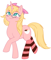 Size: 3064x3544 | Tagged: safe, artist:divabenzene, oc, oc only, oc:mille feuille, pony, unicorn, back freckles, clothes, food, freckles, glasses, hat, high res, ice cream, simple background, smiling, socks, solo, striped socks, white background