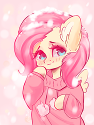 Size: 750x1000 | Tagged: safe, artist:valeria_fills, fluttershy, pegasus, pony, g4, bipedal, blushing, clothes, cute, digital art, female, hooves, looking at you, mare, shy, shyabetes, simple background, snow, solo, spread wings, sweater, wings