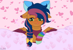 Size: 2900x2000 | Tagged: safe, artist:deko4ka, oc, oc:solar comet, pegasus, pony, bow, colored eartips, disguise, disguised changedling, eyelashes, feathered wings, green eyes, hair bow, heart, high res, male, sock, solo, stallion, wings