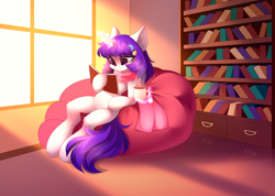 Size: 5048x3600 | Tagged: safe, alternate version, artist:airiniblock, oc, oc only, oc:winter, pony, unicorn, rcf community, absurd resolution, beanbag chair, book, clothes, mug, reading, room, scarf, solo