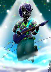 Size: 905x1280 | Tagged: safe, artist:sonicsweeti, oc, oc only, earth pony, anthro, plantigrade anthro, blurry background, clothes, commission, digital art, electric guitar, grin, guitar, guitar pick, jumping, male, musical instrument, pants, playing instrument, shirt, shoes, smiling, solo, spotlight, stage, t-shirt