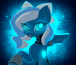 Size: 3448x2936 | Tagged: safe, artist:airiniblock, oc, oc only, oc:vivid tone, pegasus, pony, robot, robot pony, rcf community, eyes open, glowing eyes, high res, roboticization, solo