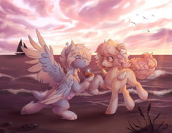 Size: 2200x1700 | Tagged: safe, artist:shady-bush, oc, oc only, hybrid, pegasus, pony, beach, engagement ring, female, holding hooves, jewelry, male, mare, marriage proposal, oc x oc, ring, ship, shipping, stallion, sunset