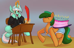 Size: 1280x845 | Tagged: safe, artist:thebigbadwolf01, lyra heartstrings, oc, oc:coral leaf, earth pony, pony, unicorn, g4, birthday, birthday cake, blushing, cake, candle, chair, clothes, commission, digital art, eyes closed, food, glowing horn, happy, hoodie, hooves, horn, magic, open mouth, quill, sitting, table, tail, walking, writing