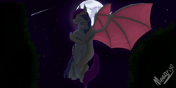 Size: 6000x3000 | Tagged: safe, artist:marimora, oc, oc only, oc:taylor gans, oc:tenebris rokepin, bat pony, pony, unicorn, bat pony oc, bat wings, couple, duo, female, flying, hug, leaf, male, moon, night, night sky, sky, wings