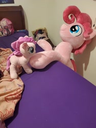 Size: 3024x4032 | Tagged: safe, artist:lanacraft, photographer:crescent star, pinkie pie, earth pony, pony, g4, bed, bubble berry, irl, male, photo, plushie, rule 63