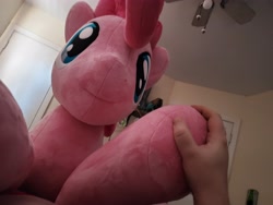 Size: 4032x3024 | Tagged: safe, artist:lanacraft, photographer:crescent star, pinkie pie, earth pony, pony, g4, bed, bubble berry, hand, irl, male, offscreen character, photo, plushie, pov, rule 63, unprotected hoof holding
