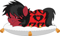 Size: 5000x3002 | Tagged: safe, artist:jhayarr23, bat pony, pony, blanket, commission, cozy, ear fluff, eyes closed, fall out boy, fangs, happy, male, messy mane, messy tail, pete wentz, pillow, ponified, simple background, sleeping, solo, stallion, transparent background, vector, ych result