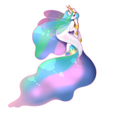 Size: 2425x2202 | Tagged: safe, artist:silverjikukiramoto, princess celestia, alicorn, seapony (g4), g4, colored wings, crown, ethereal mane, eyelashes, female, fin wings, fish tail, flowing mane, flowing tail, high res, hoof shoes, horn, jewelry, purple eyes, regalia, seaponified, seapony celestia, signature, simple background, solo, species swap, starry mane, tail, wings