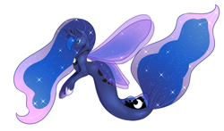 Size: 1731x1017 | Tagged: safe, artist:silverjikukiramoto, princess luna, alicorn, seapony (g4), g4, blue eyes, blue mane, blue tail, blue wings, clothes, colored pupils, colored wings, crown, cute, digital art, dorsal fin, ethereal mane, ethereal tail, ethereal wings, eyelashes, eyeshadow, female, fin, fin wings, fish tail, flowing mane, flowing tail, hoof shoes, horn, jewelry, lidded eyes, makeup, mare, peytral, regalia, scales, seaponified, seapony luna, see-through, signature, simple background, smiling, solo, sparkles, species swap, spread wings, starry mane, starry tail, starry wings, stars, swimming, tail, transparent background, wings